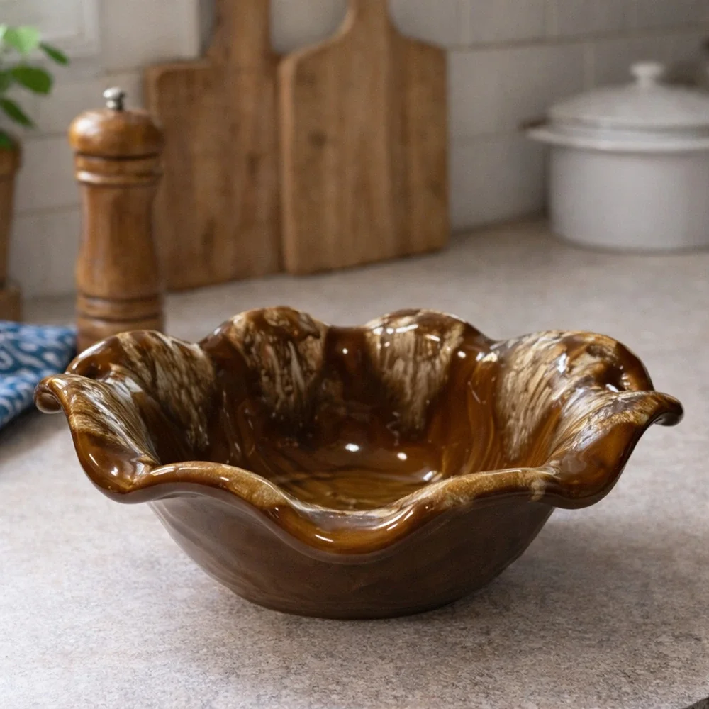 Vintage California Pottery Brown Wood Grain Serving Bowl MCM 7.5